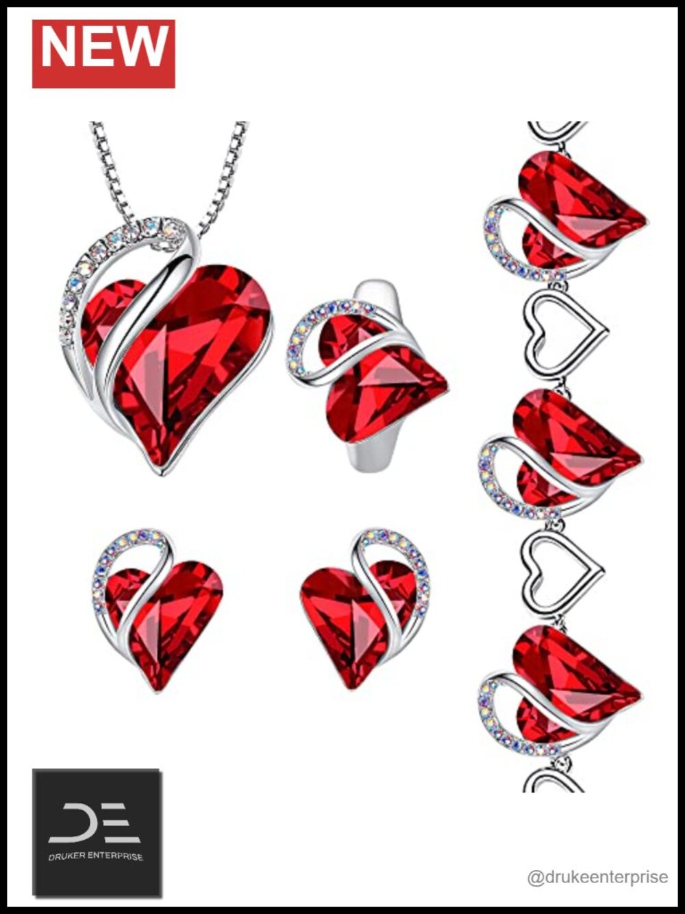4 Piece Heart Jewelry Set, Necklace Bracelet Earrings Ring, Crystal, Silver Tone